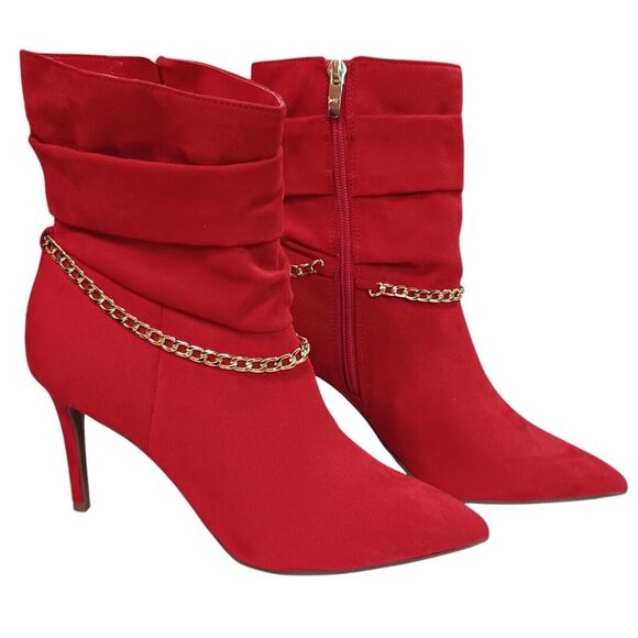 Marc Fisher Shoes - NWOT Marc Fisher Red Suede Ankle Boots 8.5 Gold Chain Stiletto Heels Bold Fierce